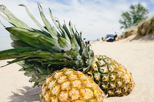 Deux ananas dans le sable